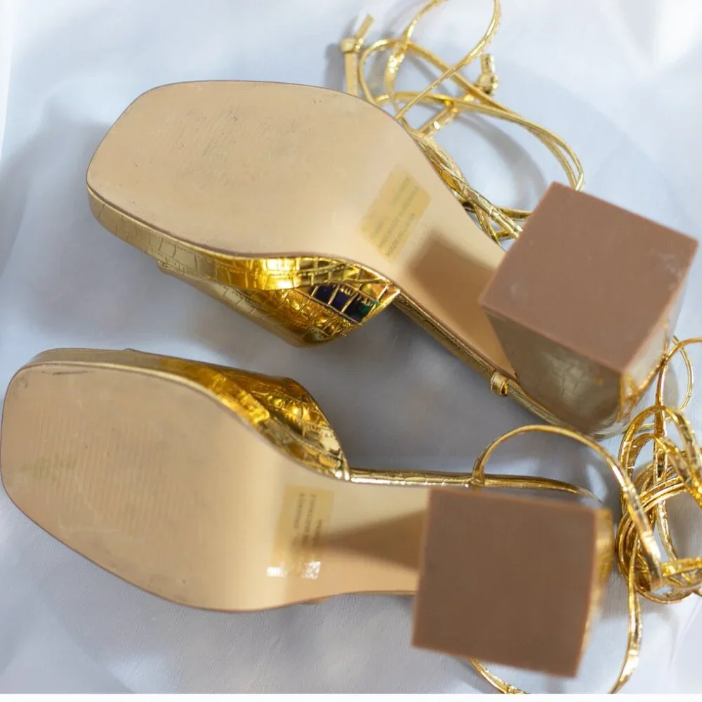 EGO Dreamer Womens Gold Croc Block Platform Heels Shoes Lace Up Size US 8M